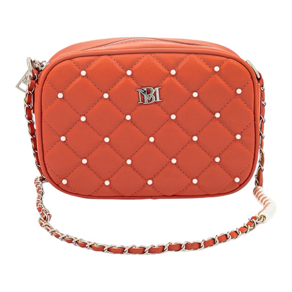 NWT Badgley Mischka Coral  Quilted Diamond Pearl Crossbody Camera Bag Pu…